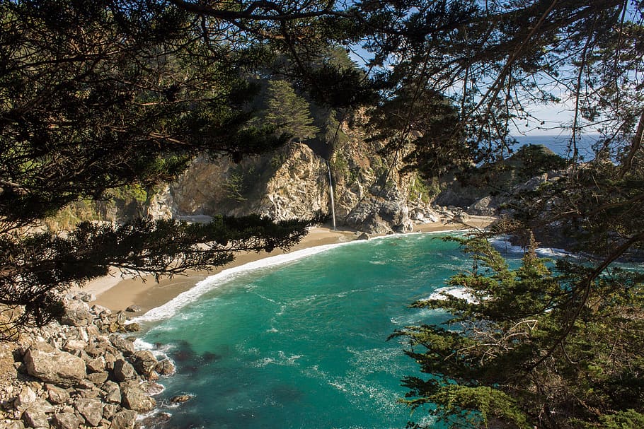 trees, big sur, central coast, central california, water, waterfall, HD wallpaper