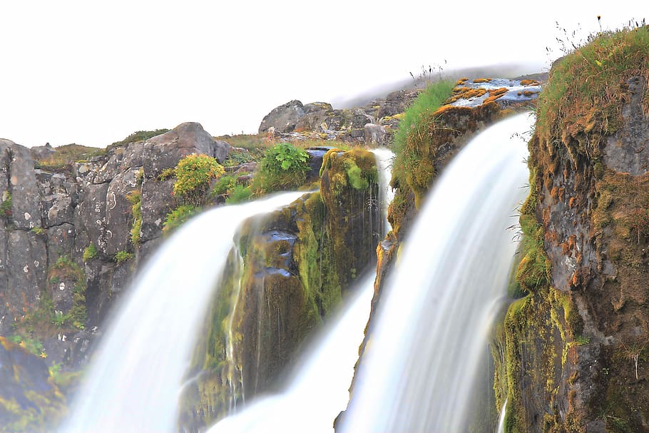 waterfall, grass, nature, iceland, scenics - nature, long exposure, HD wallpaper
