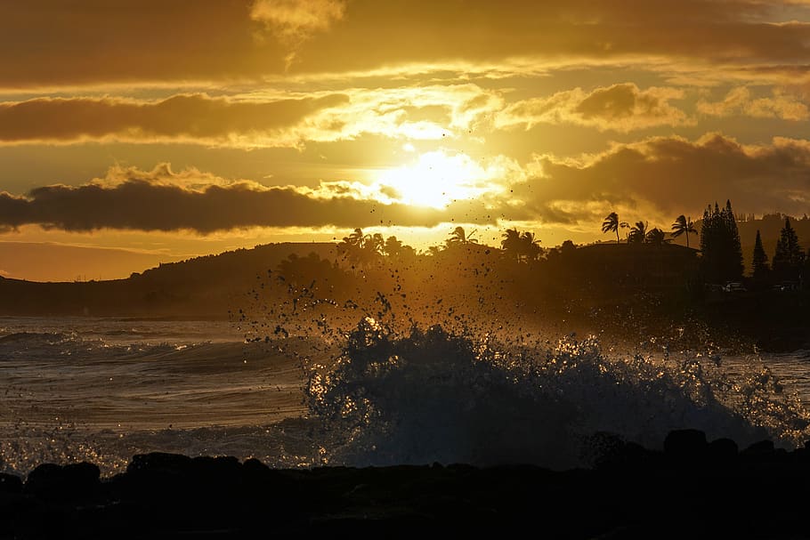 kauai, summer, sunse, wave, waves breaking, hawaii coast, sunset, HD wallpaper