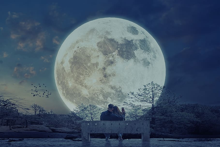 manipulation, couple, moon, landscape, birds, sky, real people HD wallpaper