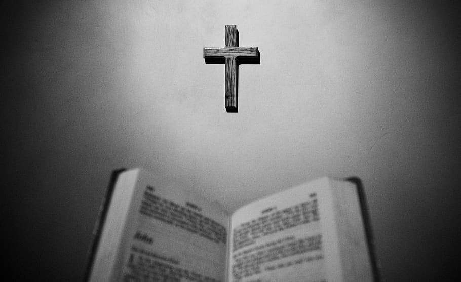 gray cross across book, religion, belief, spirituality, indoors HD wallpaper