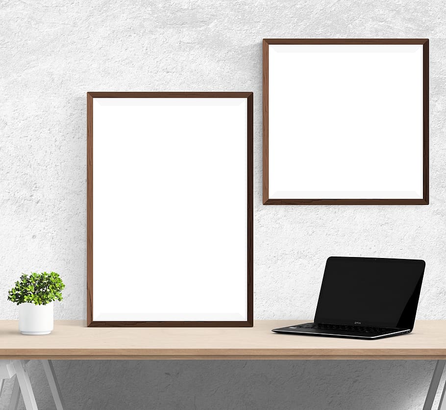 wall, poster, frame, plants, desk, laptop, blank, technology, HD wallpaper