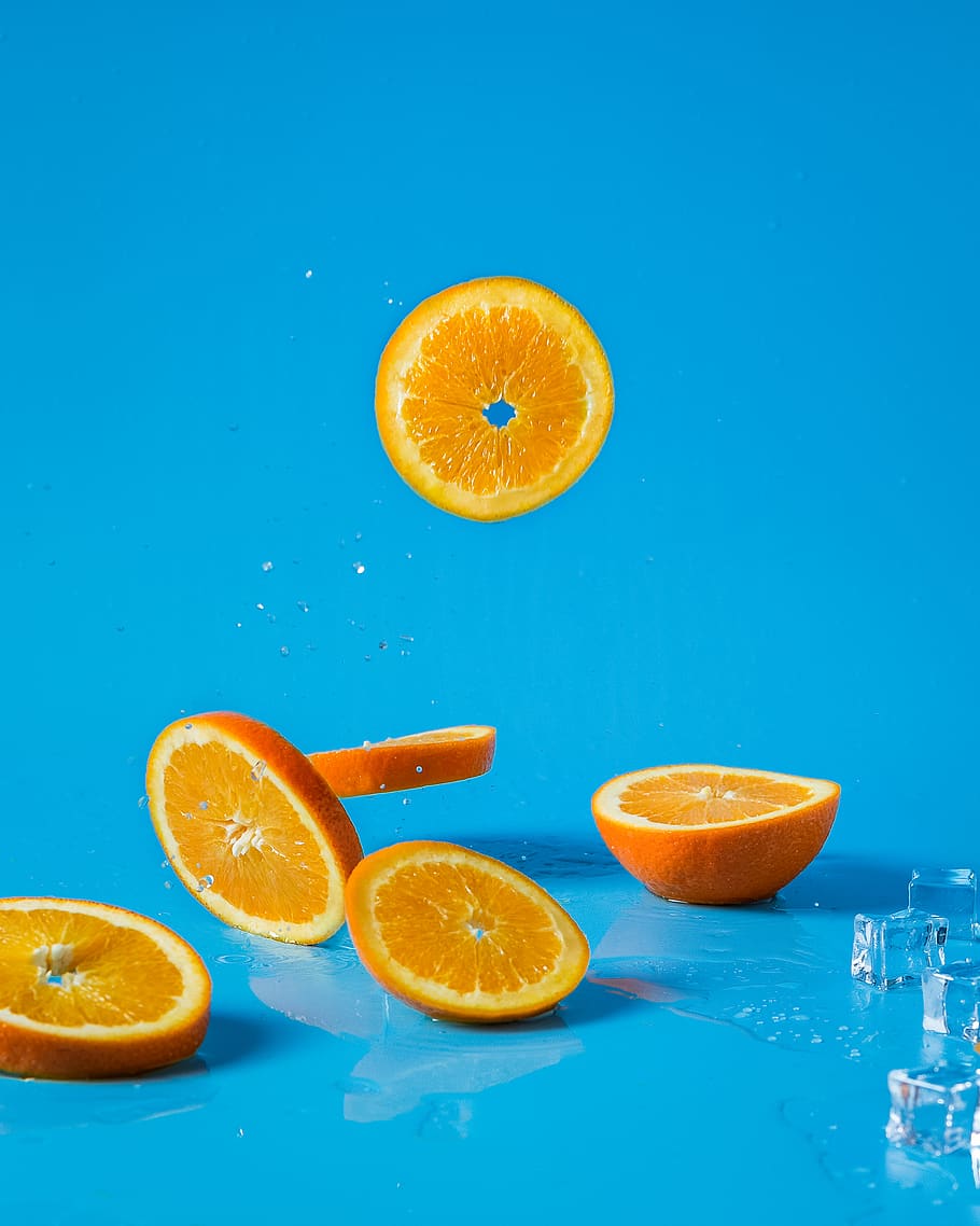 sliced orange juice, citrus fruit, food and drink, blue, orange color