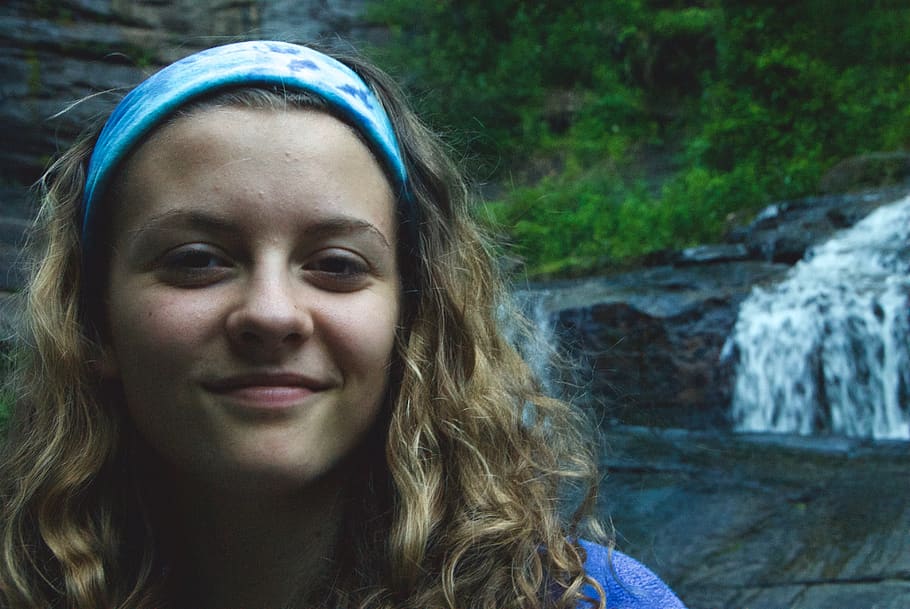 waterfall, river, rocks, green, curly, hair, girl, woman, young HD wallpaper