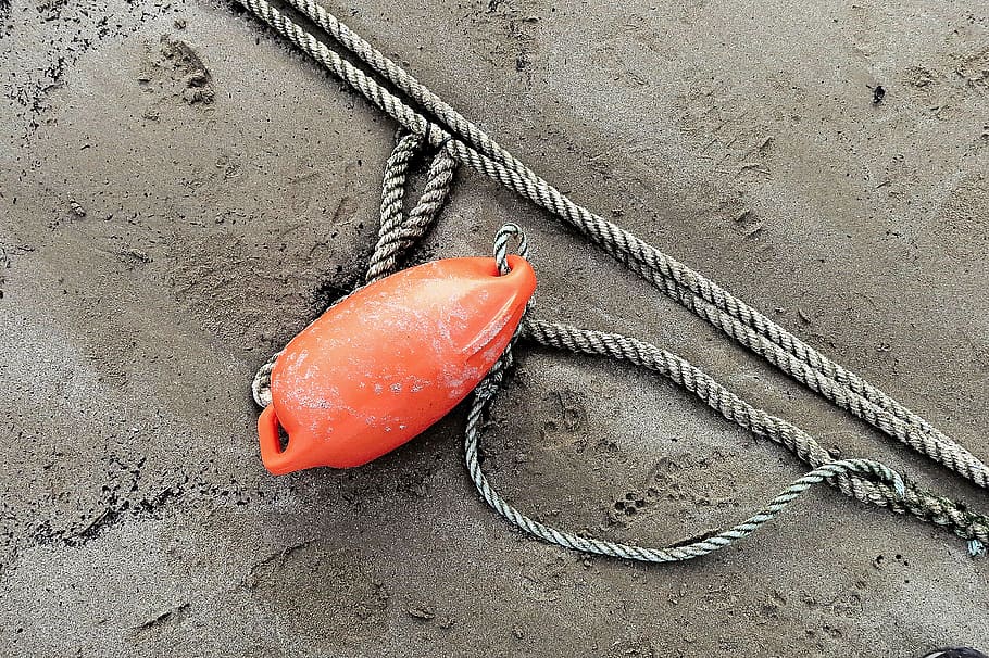 orange buoy ties on rope, knot, soil, pendant, hook, leash, chain, HD wallpaper
