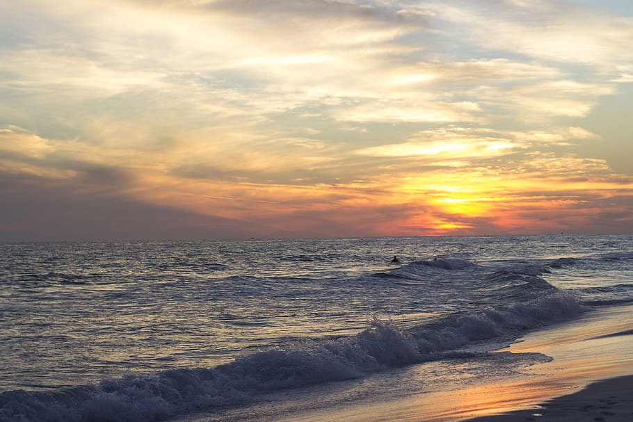 shoreline with ocean waves, sky, sunset, sea, beauty in nature HD wallpaper