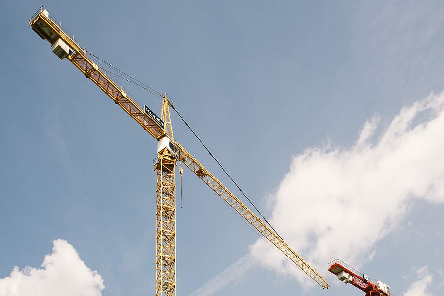 Yellow tower crane, blue, business, city, construction, design, HD wallpaper
