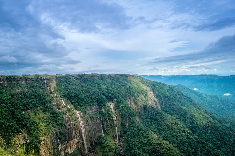 Brown Rock Cliff and Green Trees, altitude, cloudiness, clouds HD wallpaper