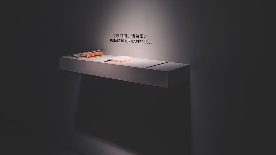gray floating shelf, furniture, table, reception desk, book, kiosk HD wallpaper