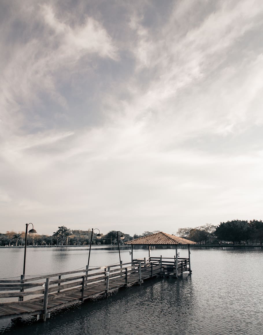 Brown Wooden Beach Dock Under White Cloudy Sky, clouds, daylight HD wallpaper