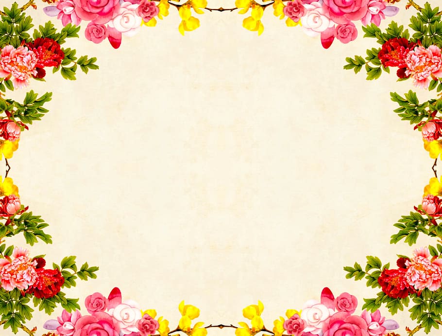 Frame of flowers encircles the center of this background., floral