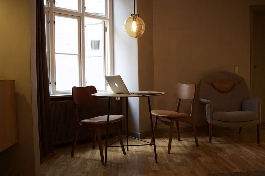 MacBook on table near window, chair, seat, indoors, furniture HD wallpaper