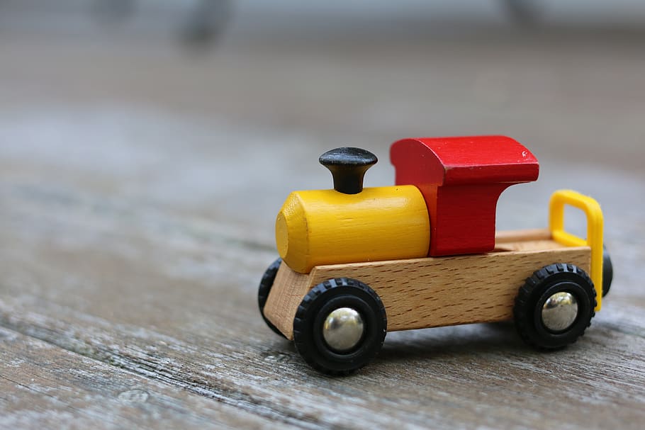 toy train, red, yellow, wooden train, toy car, childhood, wood - material