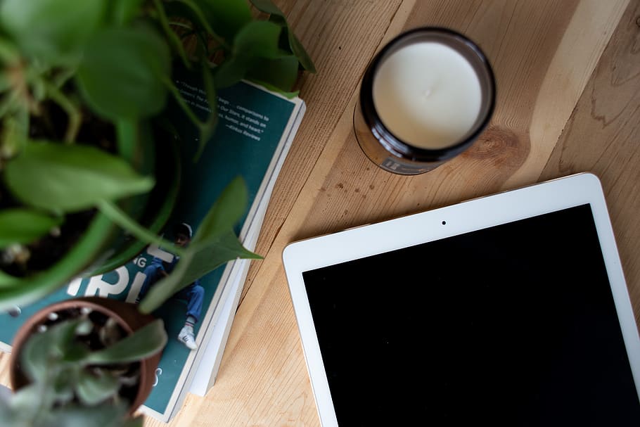 white iPad beside green-leafed plant, drink, food and drink, table, HD wallpaper