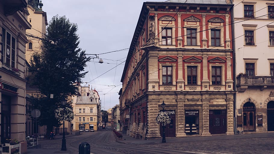 lviv, ukraine, oldtown, city, morning, urban, street, building exterior
