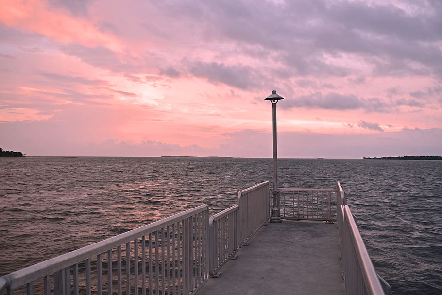 water, sea, sky, outdoors, pier, cedar key, ocean, dock, sunset, HD wallpaper