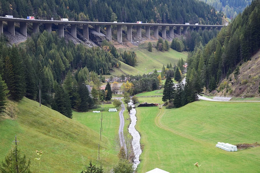 brenner, way, road, bridge, austria, italy, plant, tree, water HD wallpaper