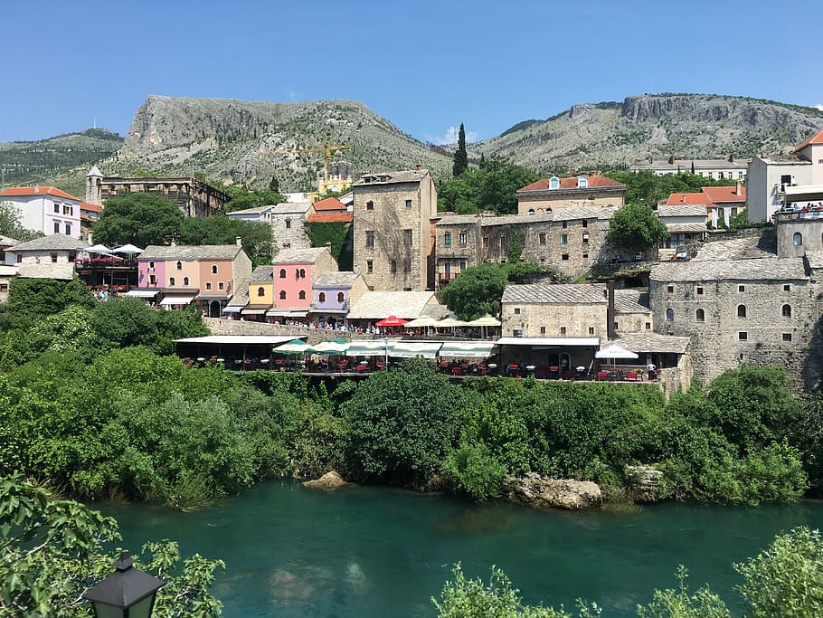 mostar, river, bosnia, islam, moslem, architecture, neretva, HD wallpaper