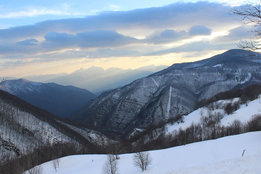 mountains, landscape, panorama, clouds, sky, snow, nature, cold temperature HD wallpaper