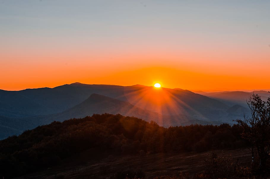 sun rise over mountain, dawn, sunrise, nature, dusk, sunset, sky HD wallpaper