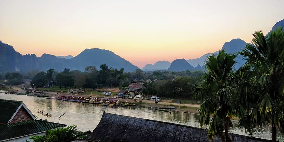 green coconut tree, water, sky, mountain, sunset, plant, scenics - nature HD wallpaper