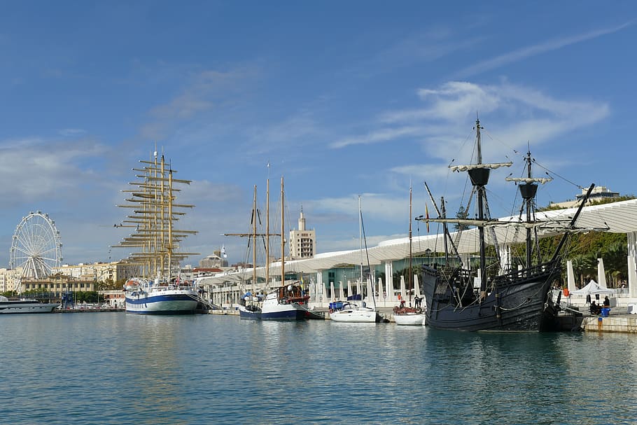 málaga, port, andalusia, spain, ferris wheel, pirate ship, HD wallpaper