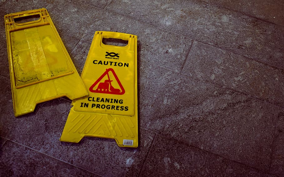 two Caution signages, cleaning, floor, ground, safety, health, HD wallpaper