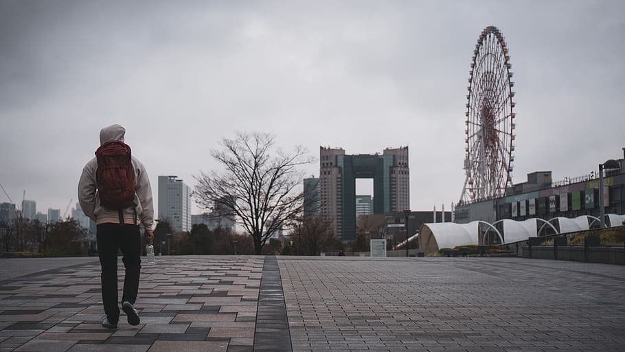 greyscale photography of man walking near the ferris wheel, person, HD wallpaper