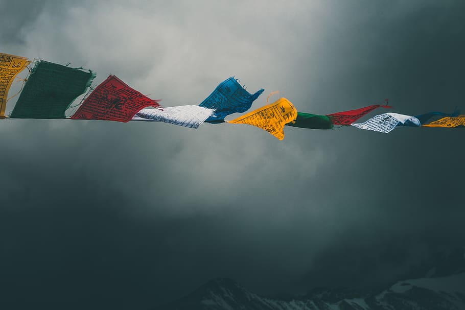 Assorted-color Flags Under Gray Clouds, blue sky, cloudiness HD wallpaper