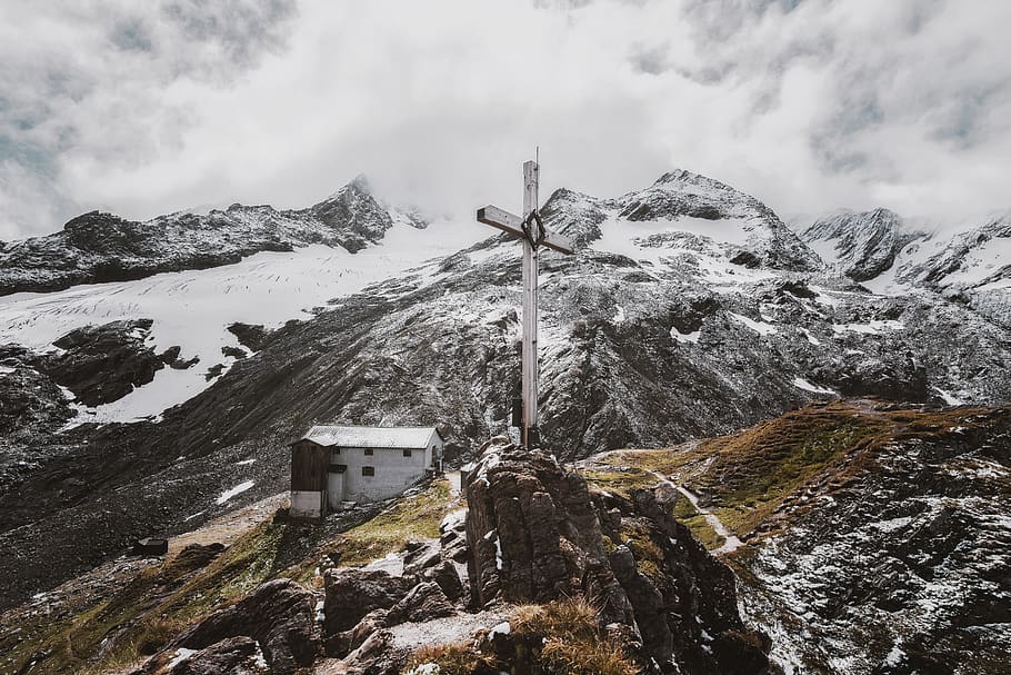 Landscape Photo of White Cross on Mountain, altitude, clouds HD wallpaper