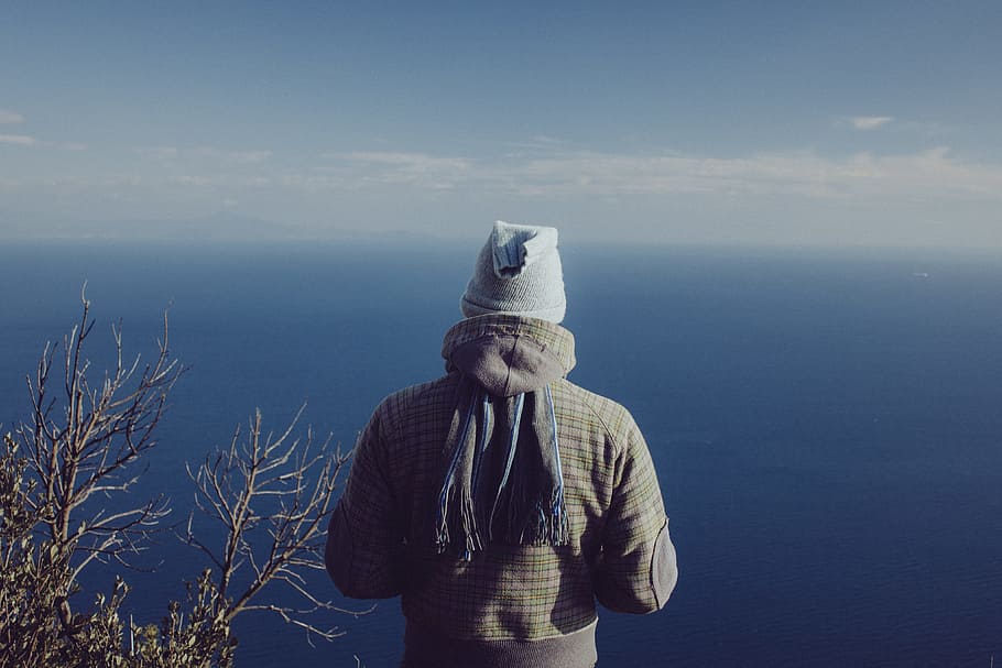 blue, branches, gray, men, sea, sky, trees, one person, winter HD wallpaper