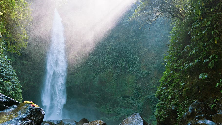 sunlight passing through waterfall during daytime, forest, ray HD wallpaper