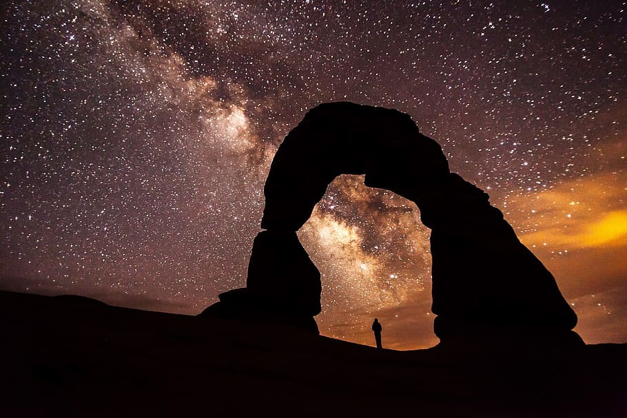 arch, space, nature, landscape, rock, rocky, night, sky, star - space HD wallpaper