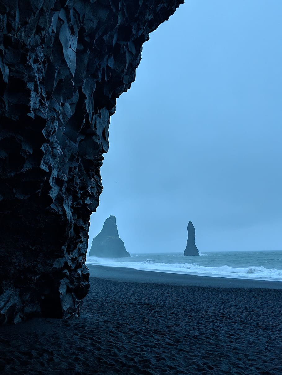 black rock formations in beach, reynisfjara, nature, landscape