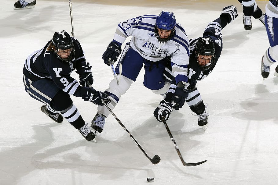 Men's in Blue and White Jersey Shirt Playing Hockey, action, athlete