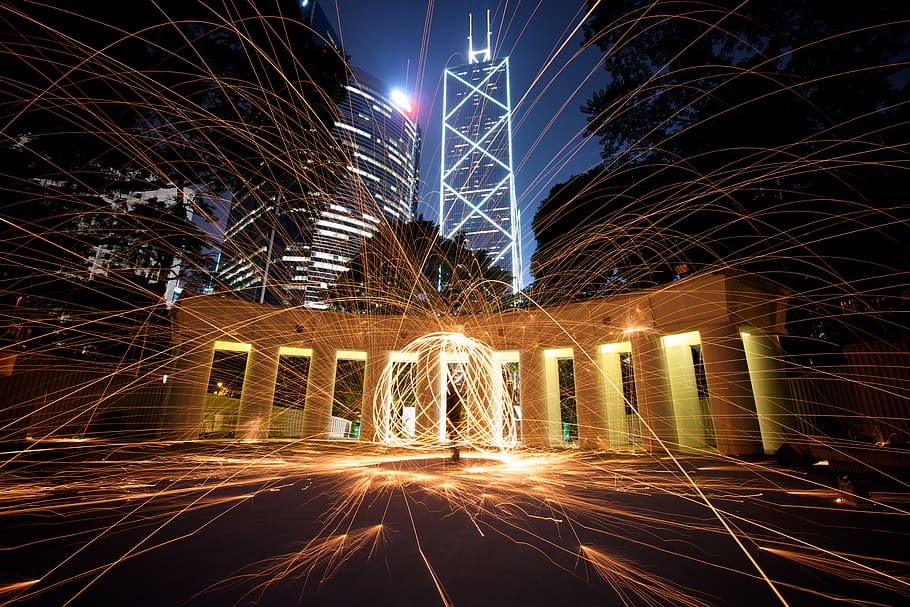 White Concrete Pillar Lighted during Night Time, lights, long-exposure HD wallpaper