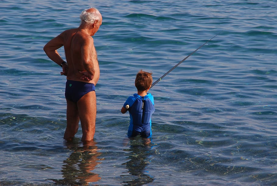 cyprus, akrotiri, ladies mile, grandfather, fishing, grand child, HD wallpaper