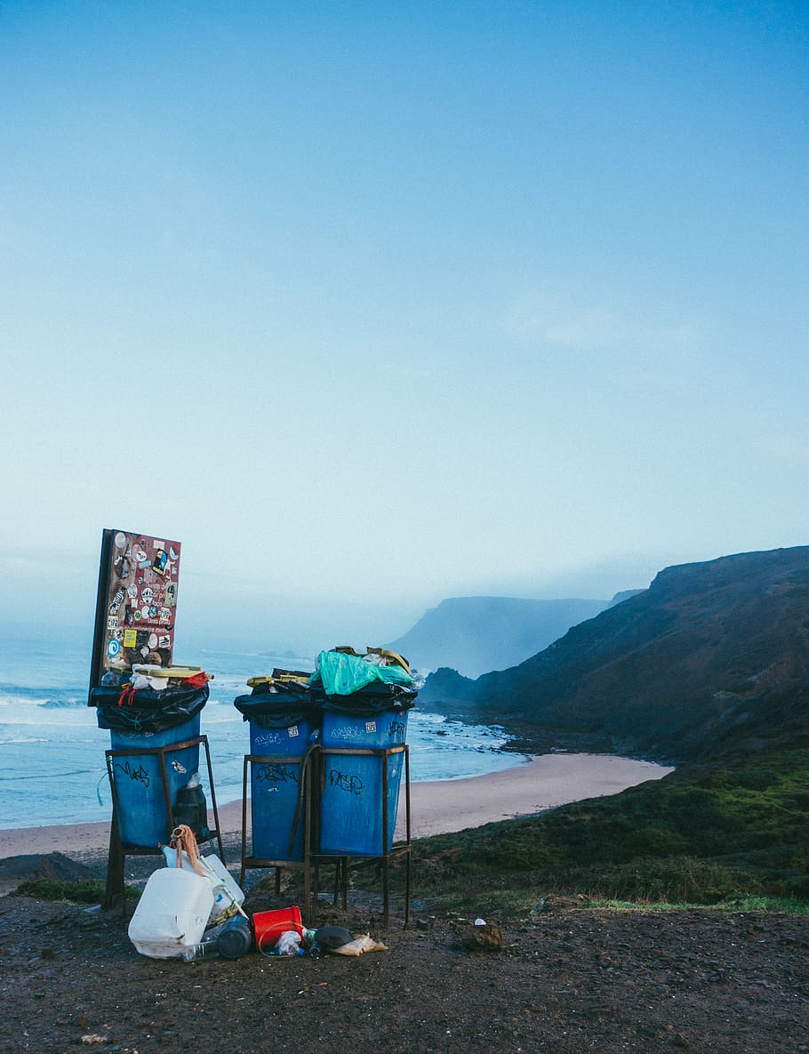 3 blue garbage cans in beach, sky, sitting, mountain, one person HD wallpaper