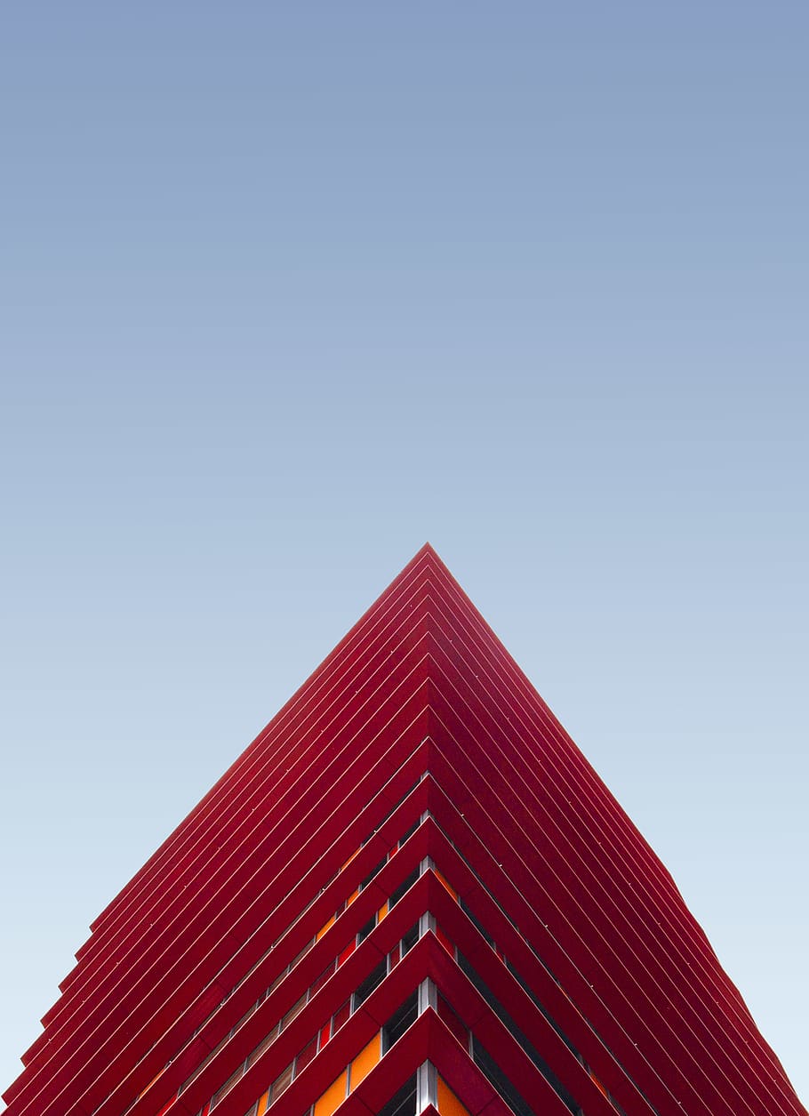 red high rise building, sky, triangle shape, architecture, clear sky HD wallpaper