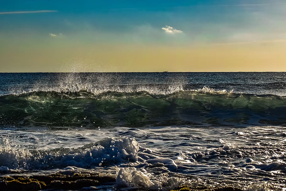 wave, crashing, beach, nature, sky, clouds, spray, foam, energy HD wallpaper
