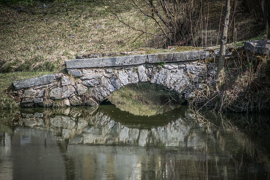 stone, bridge, surface, water, reflection, waterfront, tree HD wallpaper