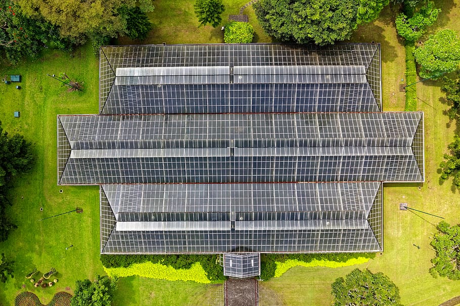 Bird's Eye View of Solar Panel Roof, aerial, aerial shot, alternative
