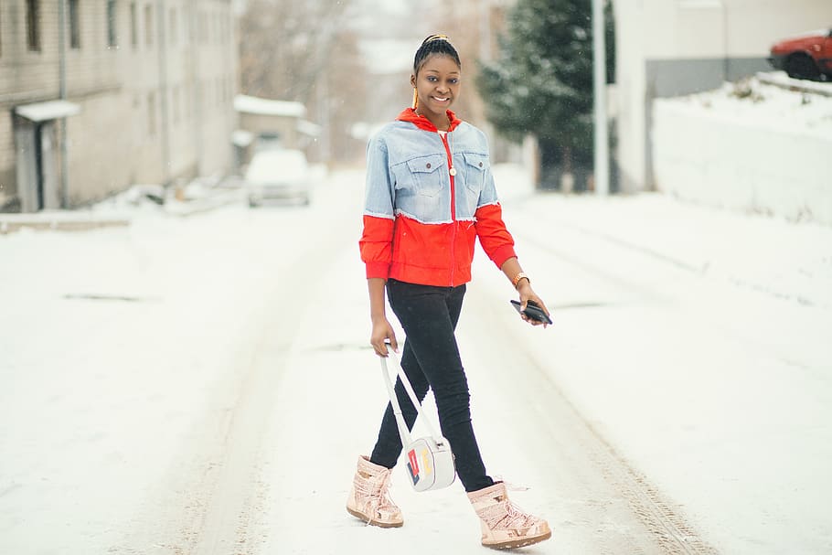 Woman Standing On Road, cold, jacket, kharkiv, person, snow, street HD wallpaper