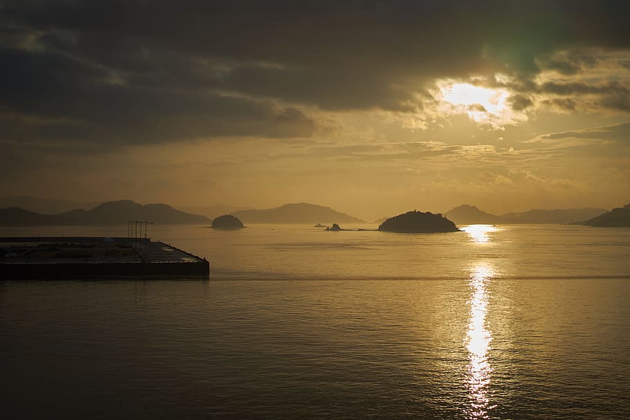 japan, uno port japan, tamano-shi, dusk, sunrise, sea, island, HD wallpaper