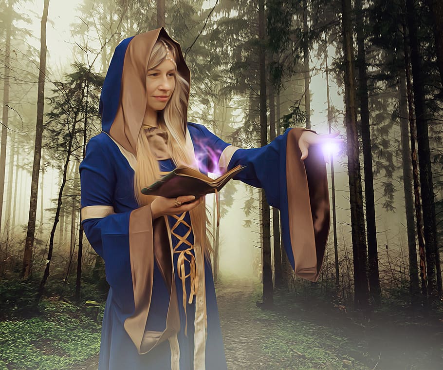 sorceress, spell, magic grimoire, forest, witch, druid, fantasy, HD wallpaper