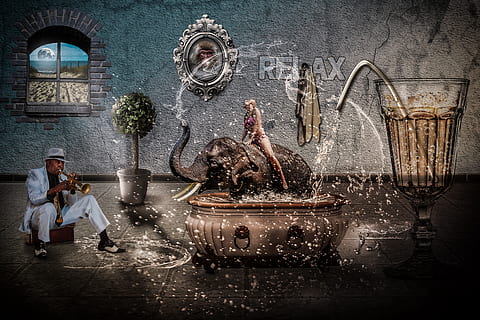 fun bathing, bad, swim, composing, fantasy, bizarre, surreal HD wallpaper