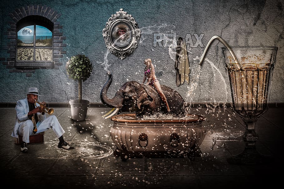 fun bathing, bad, swim, composing, fantasy, bizarre, surreal HD wallpaper