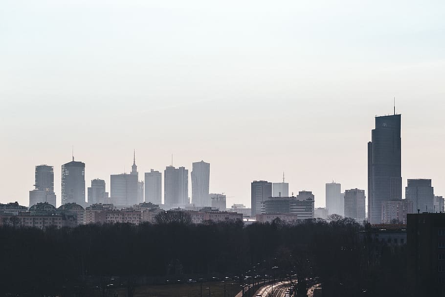 skyscraper, warsaw, view, tree, traffic, silhouette, science, HD wallpaper