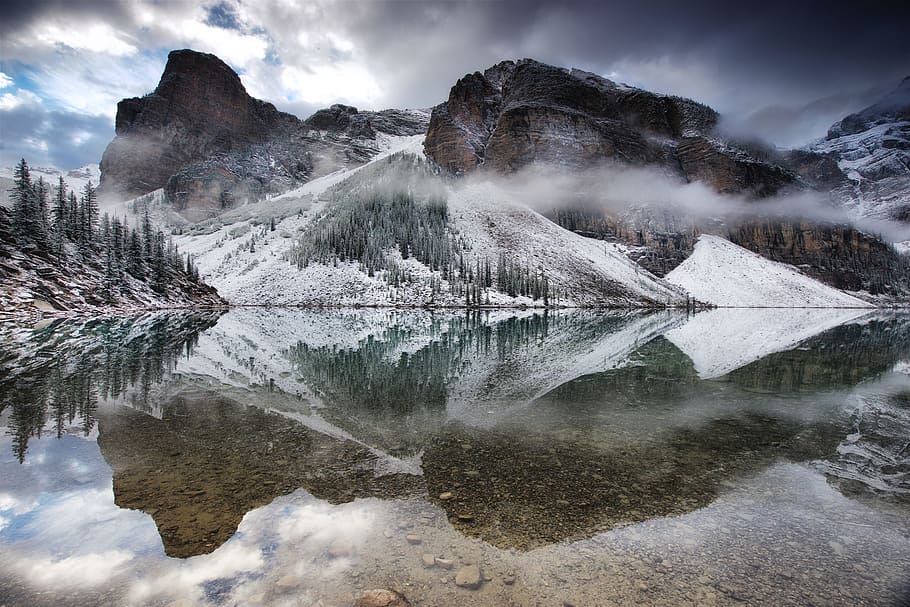 mountains reflecting on body of water, tree, forest, woodland HD wallpaper