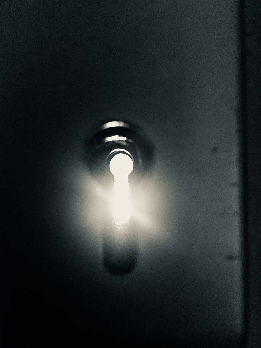light, door, black and white, mystery, lighting equipment, electricity, HD wallpaper